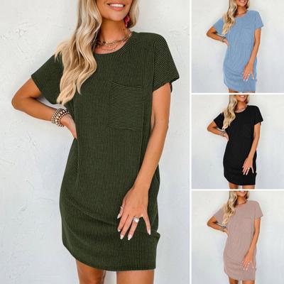 Summer Mini Dress Striped Texture Solid Color Short Sleeves Round Neck Loose Dress with Chest Pocket Lady Casual Daily Dress