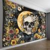 Skull and Flowers Tapestry, Crescent Moon with Floral Wreath, Gothic Boho Wall Art for Living Room Bedroom Halloween Decor