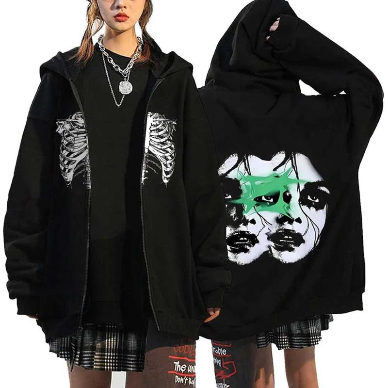 Fall Winter Trend Vintage Pattern Print Fleece Hoodie Zipper Men's Women's Loose Jacket Fashion Gothic Hip Hop Style Sweatshirt