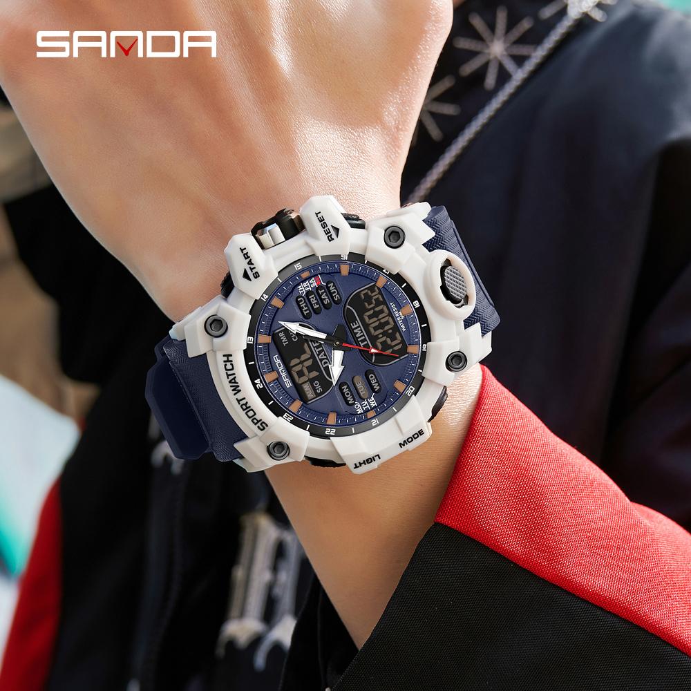 SANDA Sports Military Men's Watches Luxury Dual Display Watch 50M Waterproof Quartz Wristwatch for Male