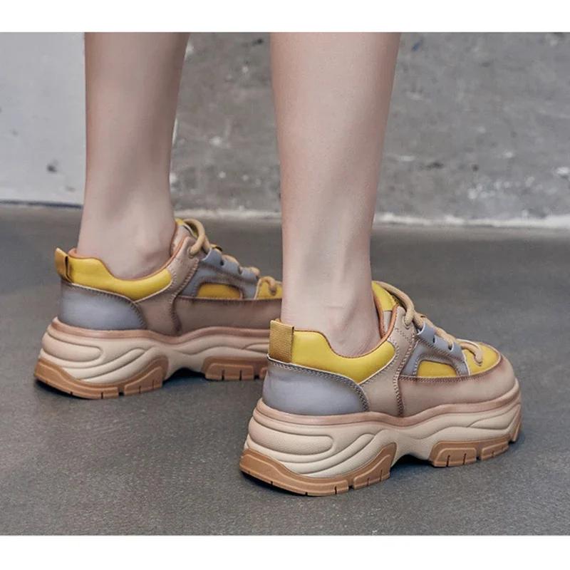 New Spring Autumn Shoes Women Fashion Sneakers Genuine Leather Shoes Height Increasing 5cm Flat Brand Ladies Casual DX304