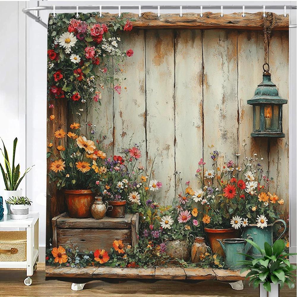 Beautiful Country Garden Flowers House Style Printed Fabric Shower Curtain Bathroom Curtain,home Decoration Curtain with Hooks