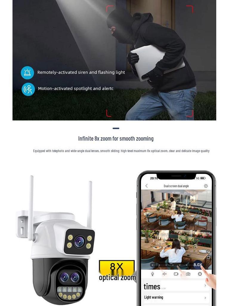 iCsee Xiongmai WiFi PTZ Dual Lens 360° Rotation Binocular Camera with 8x Zoom