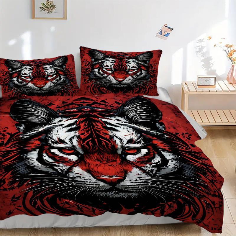 3pcs Red and Black Tiger Print Bedding Set (1 Cover + 2 Pillowcases, Without Inserts), This Printed Bedding Set is Soft and