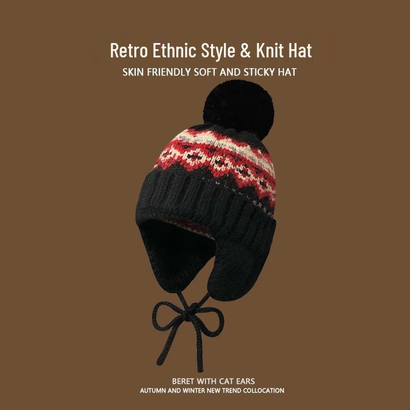 Women's Fair Isle Earflap Woolen Beanie - Thick, Warm, and Trendy for Autumn & Winter.
