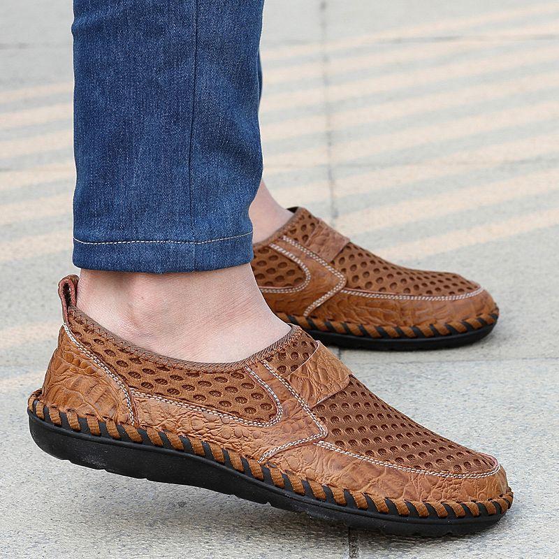 Sommar Herr ÄKTA Lädersandaler Andningsbara Lädskor Medelålders Herrskor Bekväma Slip-on Meshsko