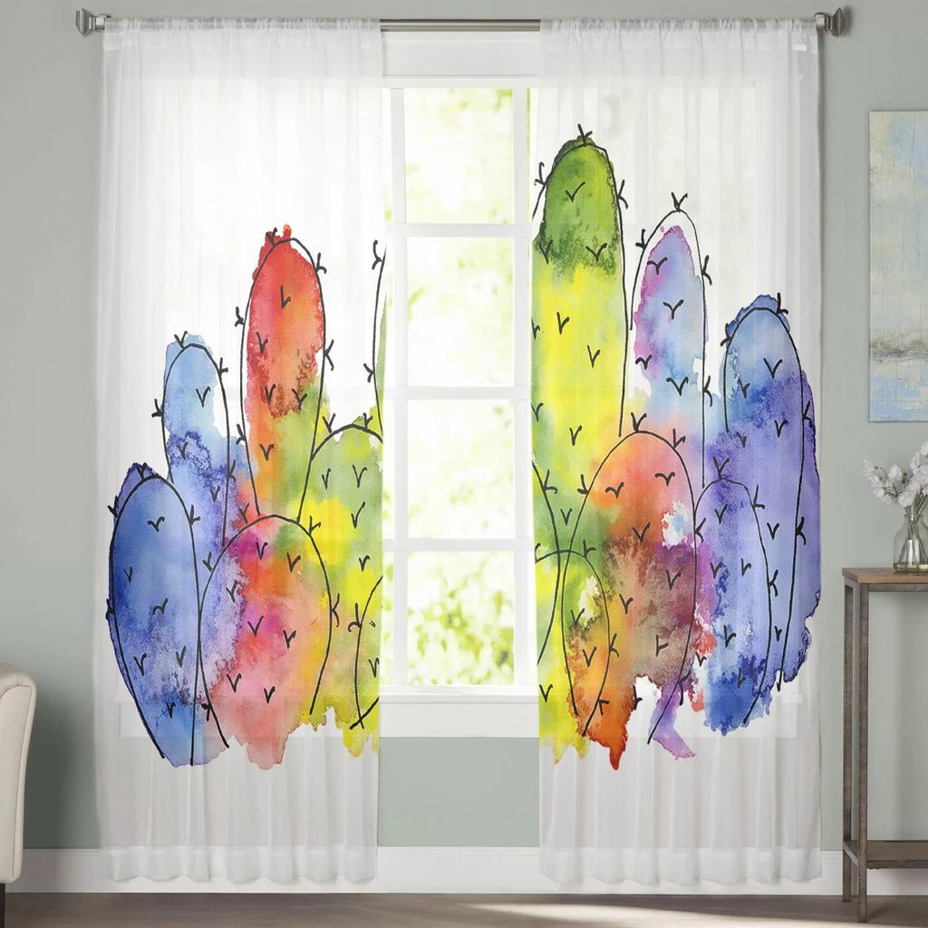 Watercolor Lines Cactus Chiffon Sheer Curtains For Living Room Home Decoration Window Voile Tulle Curtain Drapes