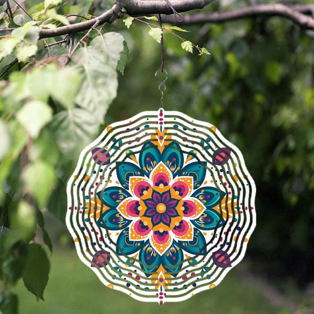 10 Zoll Mandala Windspiel Outdoor Gartendeko mit 360° drehbarem Haken Lebhaftes Metall Hängedesign für Terrasse Rasen Saisongeschenk