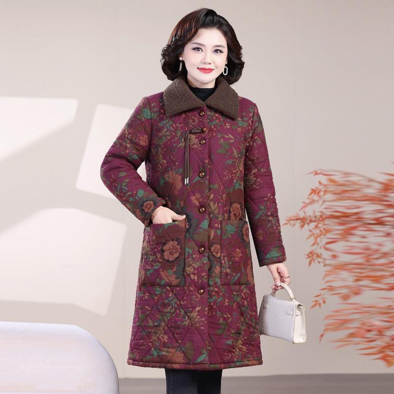

Winter jacket new velvet thickened medium and long cotton-padded jacket warm cotton-padded jacket floral cotton-padded jacket 1XL [recommended 80-50kg]
