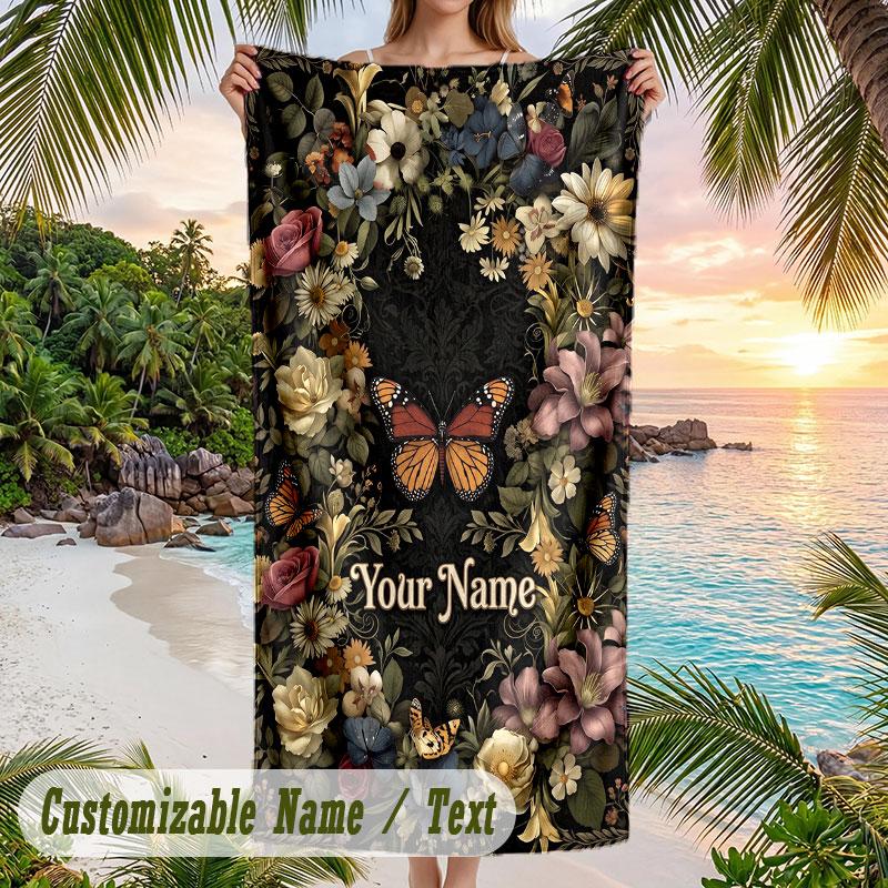 Floral Butterfly Garden 1 Theme Quick Dry Beach Towel Custom Name Text Print Large Sand Resistant Towel Beach Vacation
