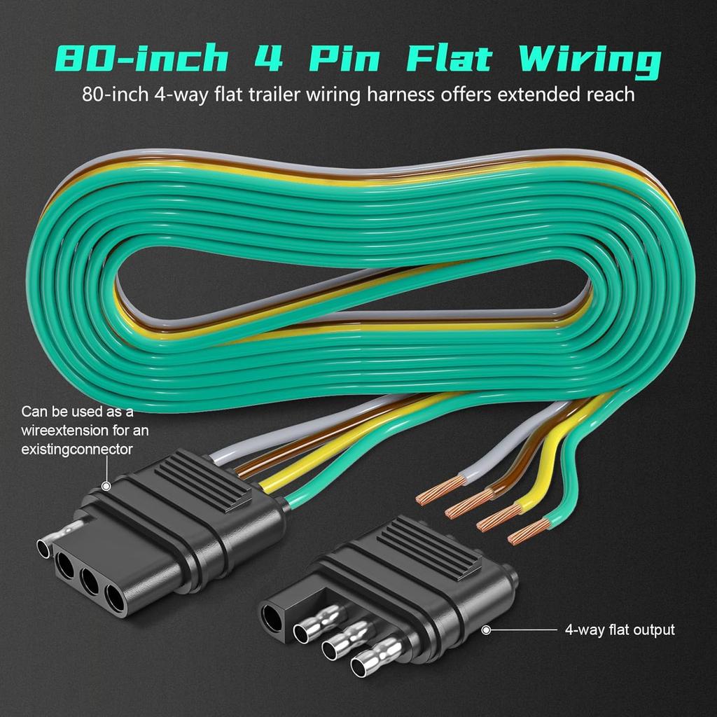 4 Pin Trailer Connector Harness Extension 80 Inch, 16AWG 4 Way Trailer Plug Flat Wire Extender, Male To Female Trailer Light Connector For Hitch,