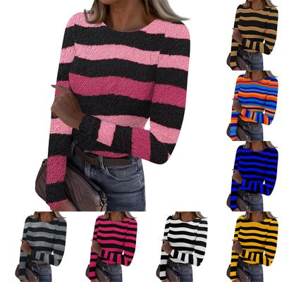 Women's Casual Fashion Round Neck Striped Print Long Sleeve Ribbed Top