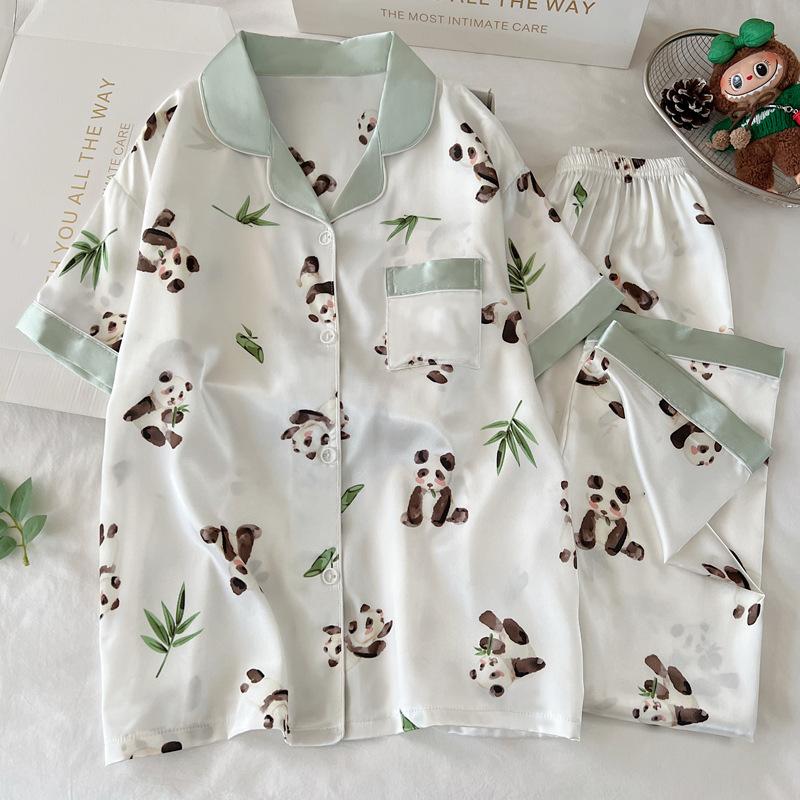 Cute Panda Short-Sleeved Pajamas Women'S Summer Ice Silk Simple And Comfortable Loungewear Fashion Suit