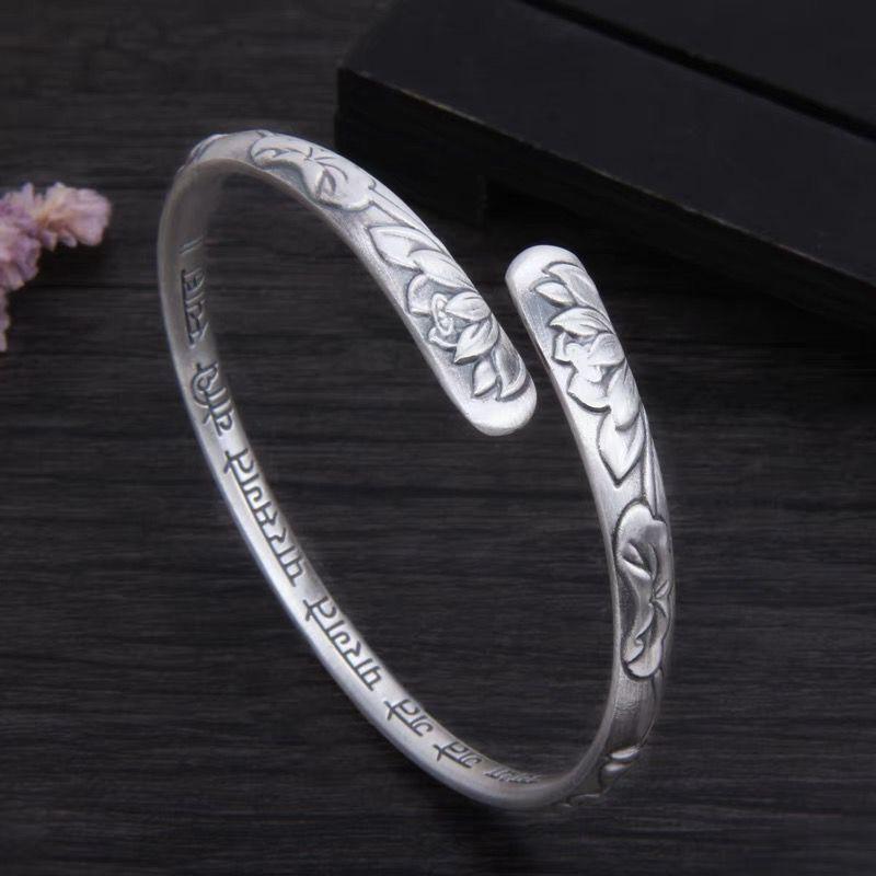 Vintage Thai Silver Lotus Flower Cuff Bracelet for Women Girl Ethnic Fashion New Jewelry Party Lady Gift Pulseras Mujer