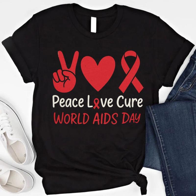 World AIDS Day Cotton TShirt Peace Love Cure Tee HIV Awareness Shirt Red Ribbon Support Awareness Shirt Support Cure Tops S