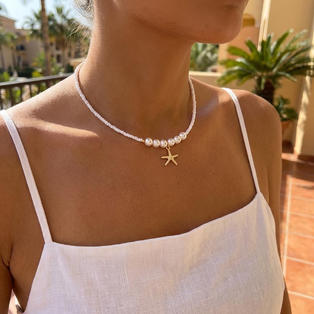 Mermaidcore Gold Color Starfish Choker Pendant Necklace for Women Imitation Pearl Collar Summer Beach Vacation Jewelry Gift