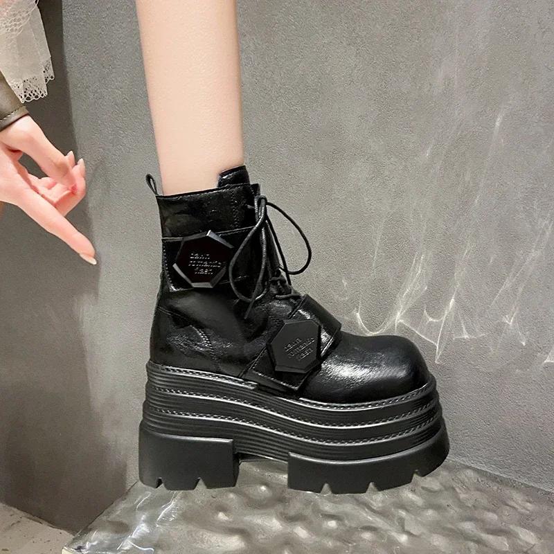 Fashion 10.5CM Winter Women Thick Sole Warm Fur Ankle Boots Platform Leather Motorcycle Boots High Heels Plush Chunky Punk Shoes Woman