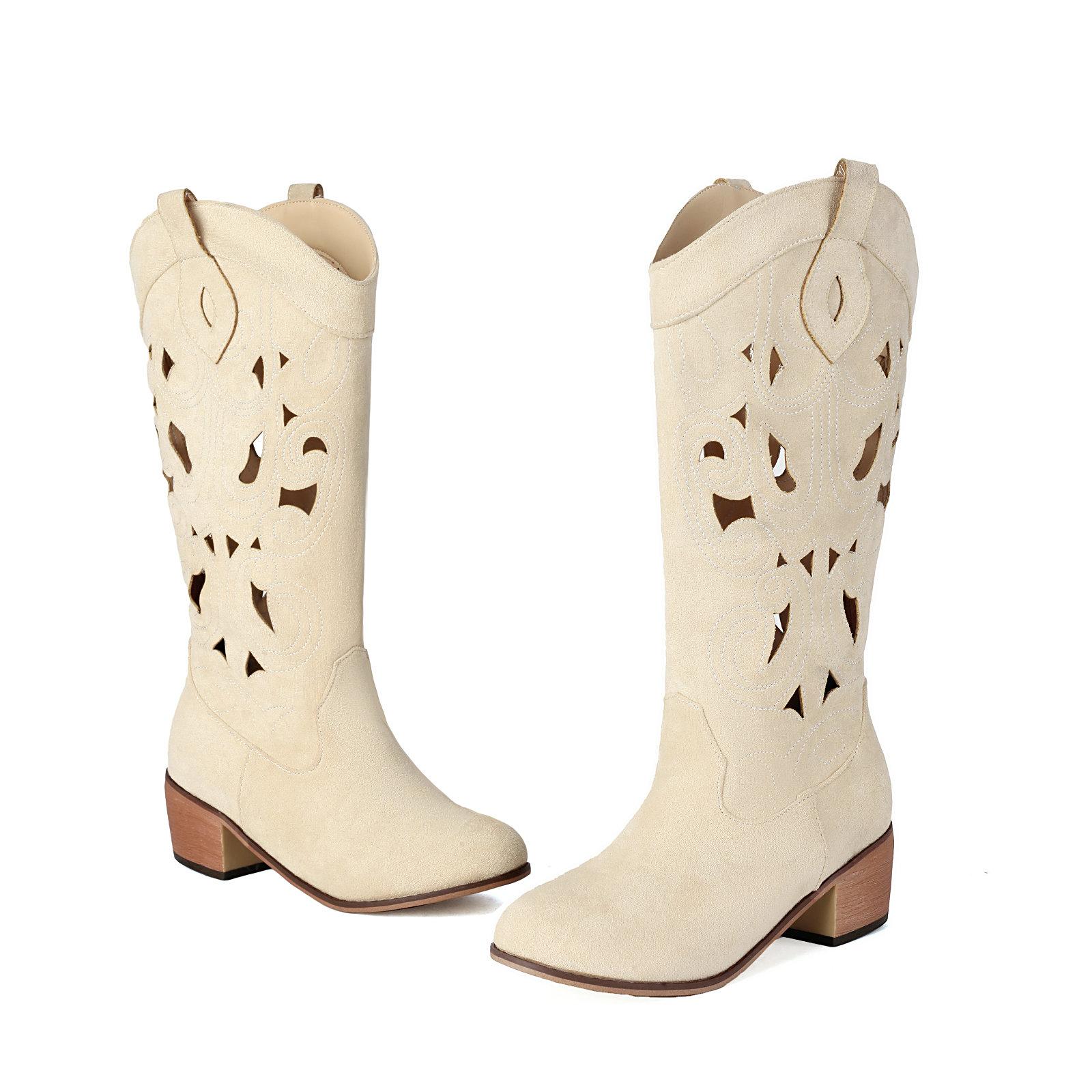 

Cowboy Western Boots for Women Cowgirl Mid Calf Summer Boots Embroidered Hollow Out Shoes with Chunky Heel 34 бежевый