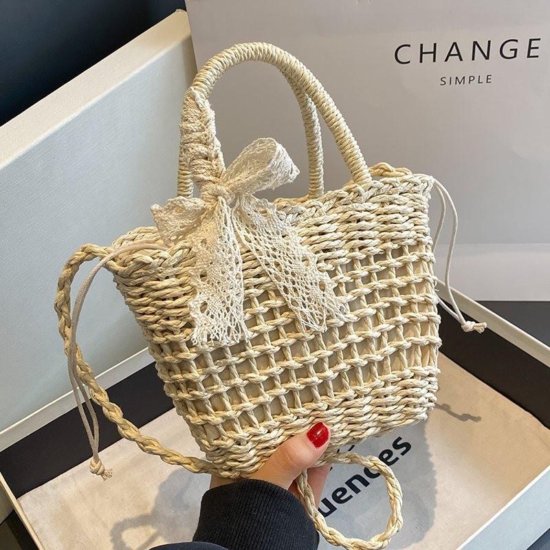 Chic Handcrafted Woven Bag Stylish Rattan Tote With Floral Print And Scarf