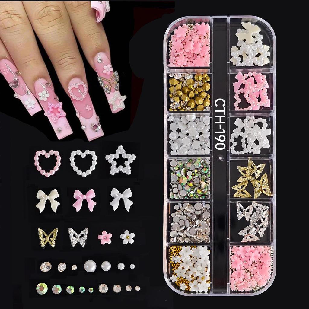 12-Grids Floral Steel Beads & Pearl Rhinestone Nail Art Decor Set