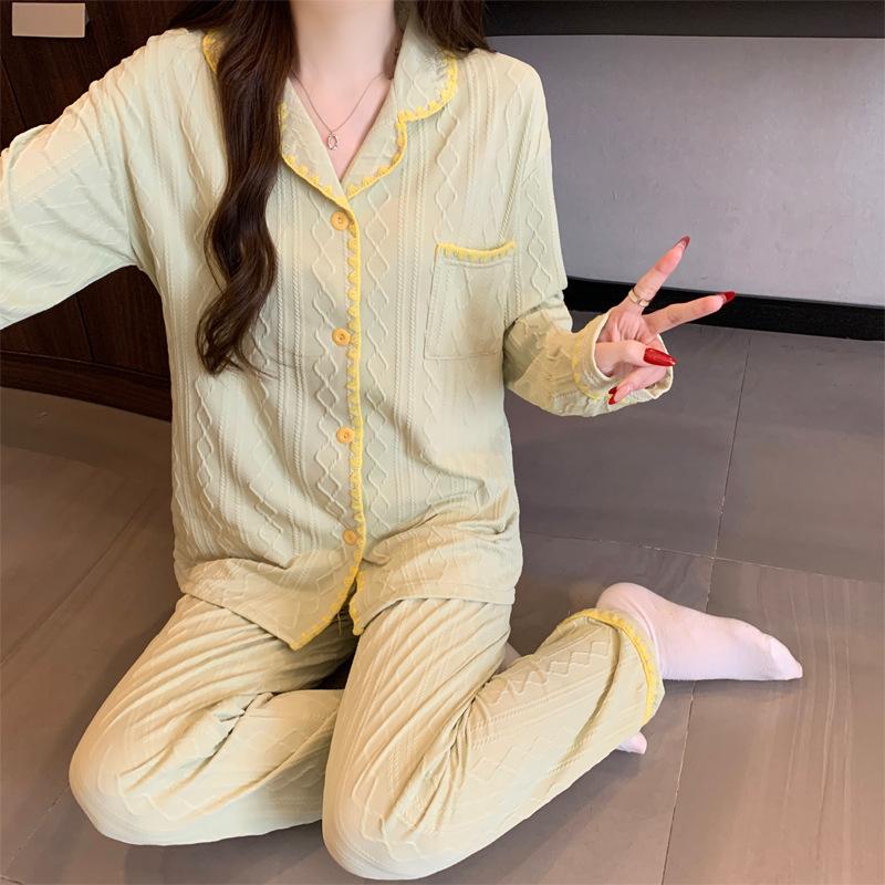 Niche afslappet pyjamas til kvinder, forår, langærmet, ensfarvet, imiteret bomuld, jacquard, løstsiddende loungewear, skalkant, todelt sæt