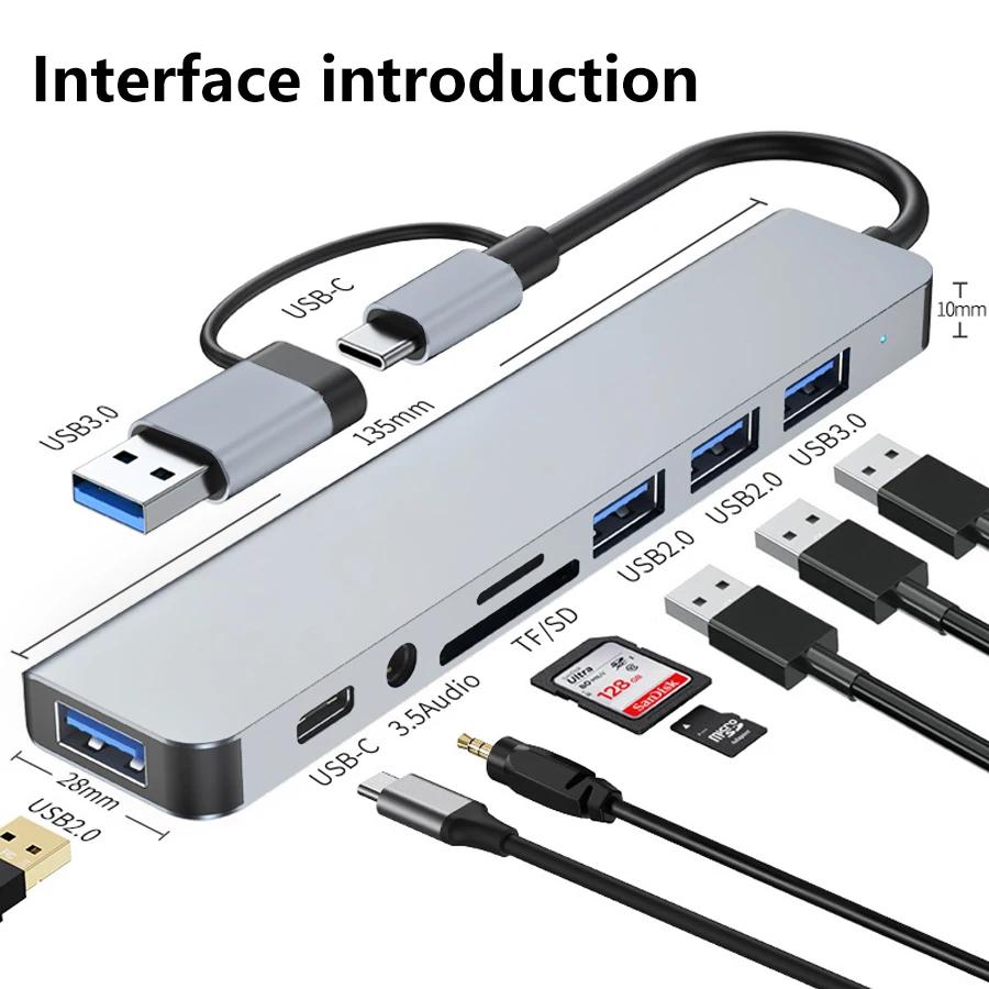 8-in-2 USB 3.0 HUB USB C HUB 4K HDMI Adapter with RJ45 SD/TF High Speed Transmission Splitter TYPE-C HUB For MacBook Computer