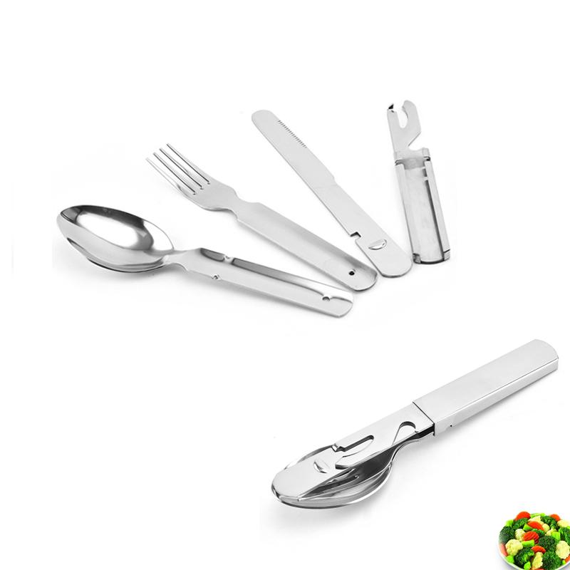 4-in-1 Portable Stainless Steel Camping Spoon Fork Knife Bottle Opener Outdoor Camping Utensils ZH