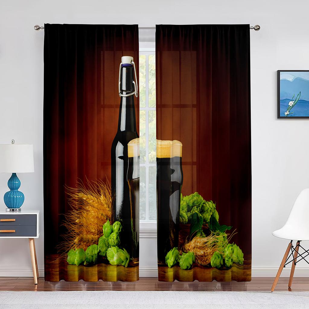 Glasses of Beer and Ale Barrel on Wooden Table Tulle Curtains for Living Room Bedroom Decor Chiffon Sheer Voile Kitchen Curtain