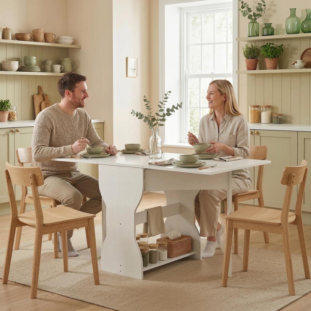 Dining Table Foldable Kitchen Table with Storage for 2-4 People Folding Table for Small Spaces Dining Room 160 x 60 x 75 cm White