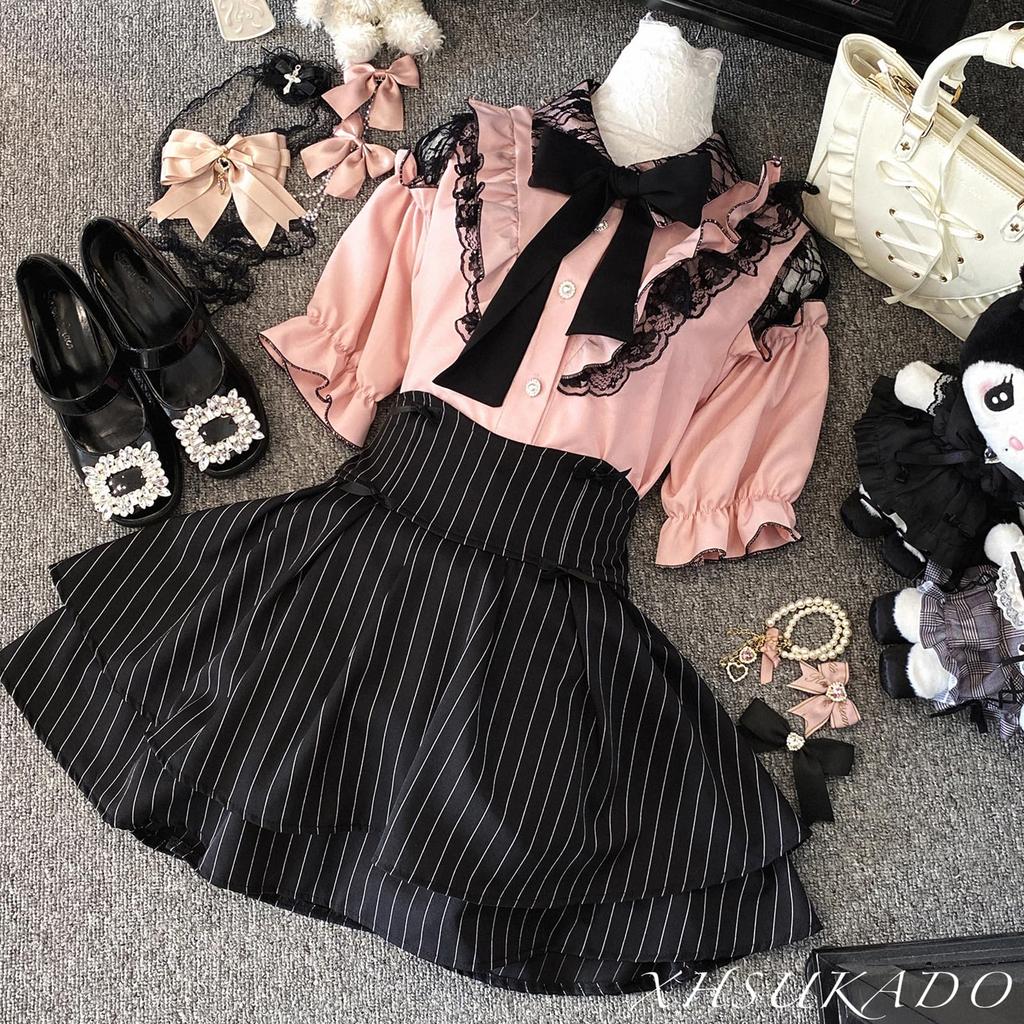 Short Detachable Flared Chiffon Pink [XHSUKADO] Women's Open-Shoulder Blouse, Cute, Sleeve, Ribbon, Ruffles, Lace, Sleeves, Fashionable, Lolita,