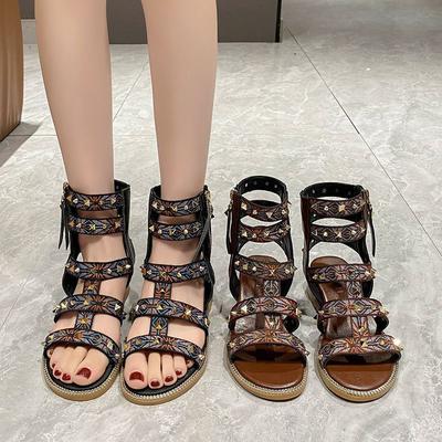 Fashion Summer Shoes for Women 2024 New Roman Open Toe Rivet Flat Women's Sandals Outdoor Totem Zipper Casual Ladies Sandlas