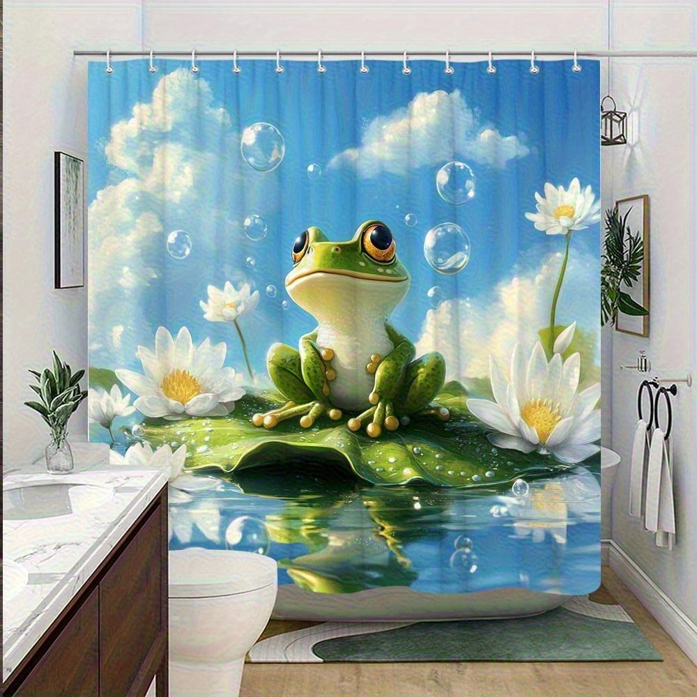 1pc Jumping Frog on Water Lily and Water Lily Shower Curtain- Calm Pond Pleasant Atmosphere Design, Durable Polyester Fiber 90x180cm35x71in