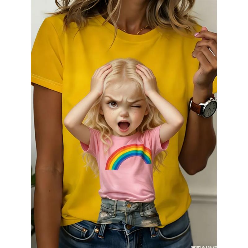 Moda Donna Girocollo Manica Corta Ritratto 3D Ritratto Stampato a Colori T-shirt a Manica Corta Girocollo