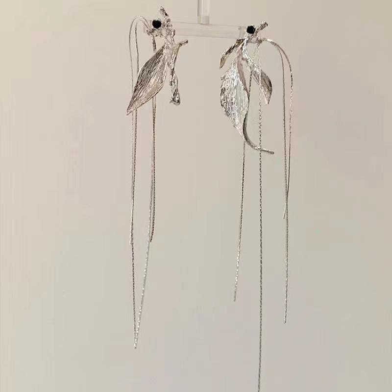 Silver Leaf Long Tassel Earrings For Round Face Women Versatile Design
