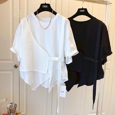 Fashion T Shirt Women Design Sense T-shirt Loose Casual Stitching Vest Irregular Button Short Sleeve Tshirt Fake Two Piece