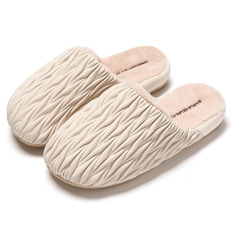 Autumn and Winter New Cotton Slippers Women's Indoor Thick Bottom Leather Waterproof Home Couple Velvet Warm Cotton Slippers Men
