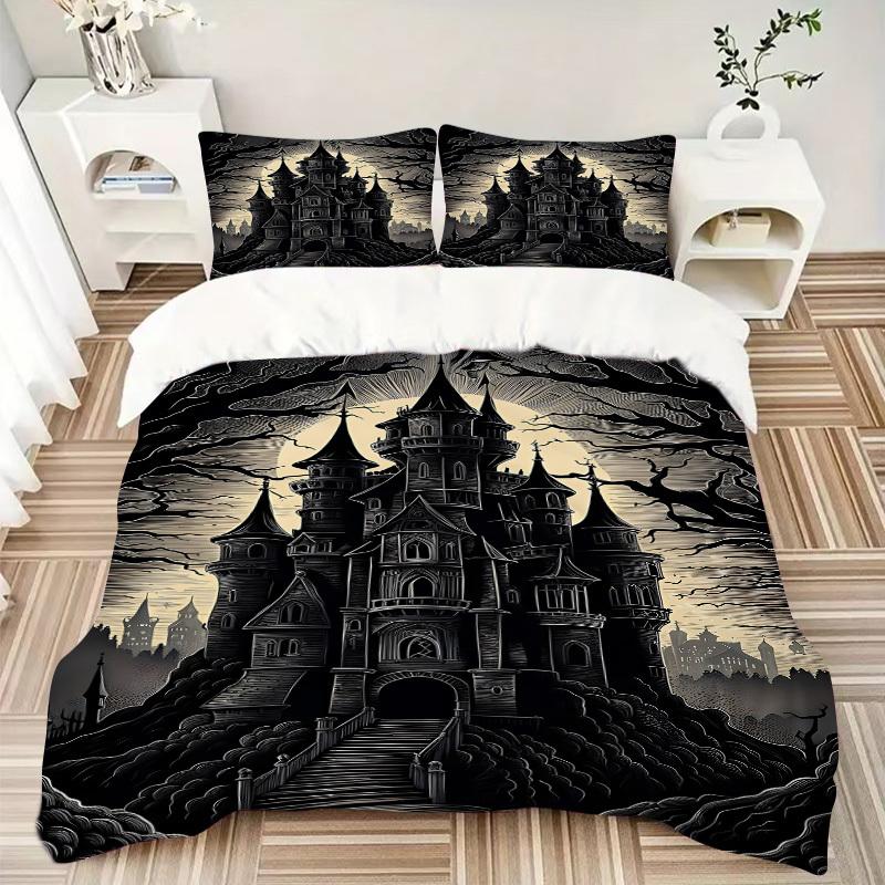 3pcs Castle Night Bedding Set, Includes 1 Comforter + 2 Pillowcases, Without Pillow Inserts, Soft Comfortable, Lightweight Breathable, Print