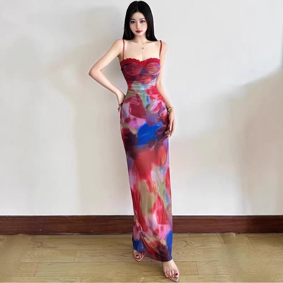 French beautiful island vacation mesh smudge suspender dress women's waist slim sexy hot girl hip-wrapped dress