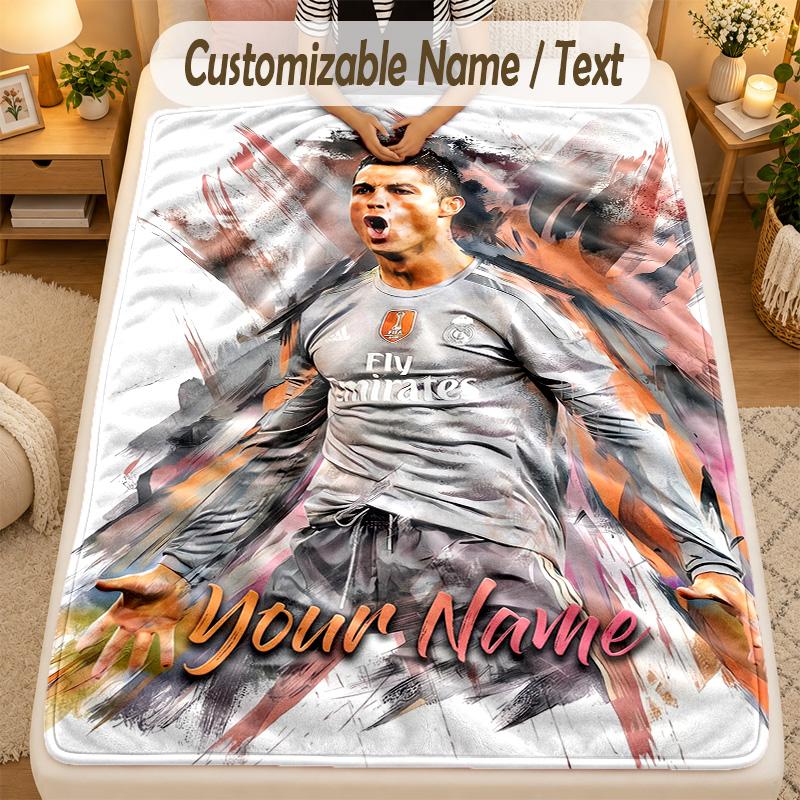 Flannel BlanketCristiano Ronaldo Custom Name Text Personalized Soft Warm Throw Blanket Home Decor Gift