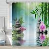 Zen Shower Curtain Green Leaf Floral Purple Flower Butterfly Lotus Black Stone Japanese Garden Relax Meditate Spring Nature