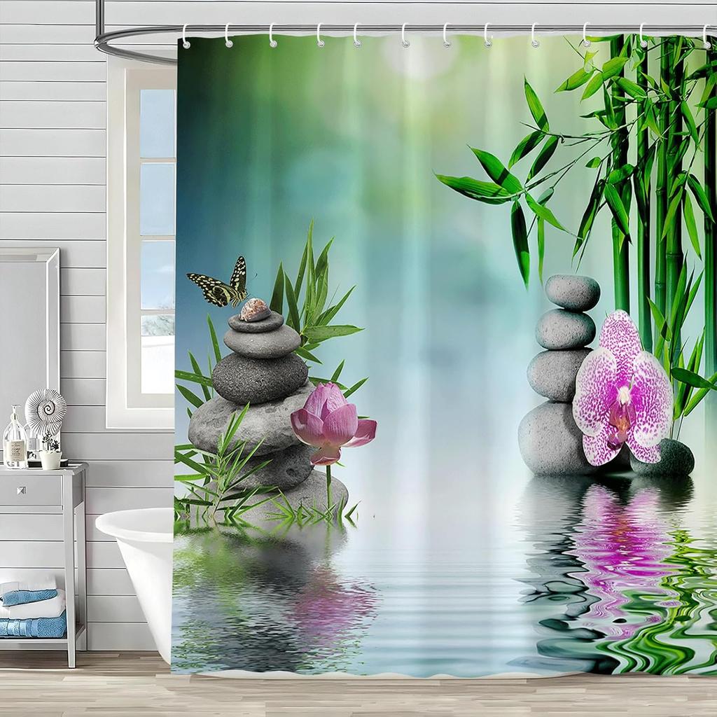 Zen Shower Curtain Green Leaf Floral Purple Flower Butterfly Lotus Black Stone Japanese Garden Relax Meditate Spring Nature
