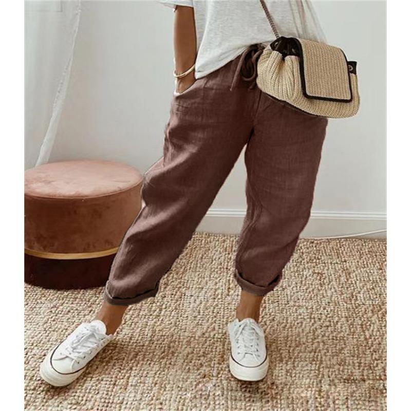 IHUASU Ladies Cotton Linen Pocket Elastic Casual Pants for Women