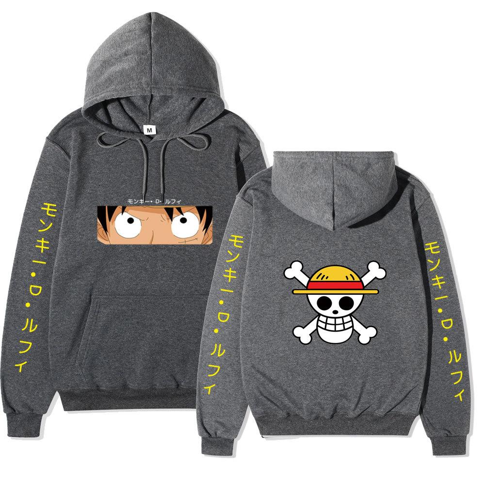 Unisex One Piece Monkey D Luffy Double‑Sided Print Fleece Hoodie, Both‑Sleeves Japanese Text Anime Pullover Hooded Sweatshirt Streetwear