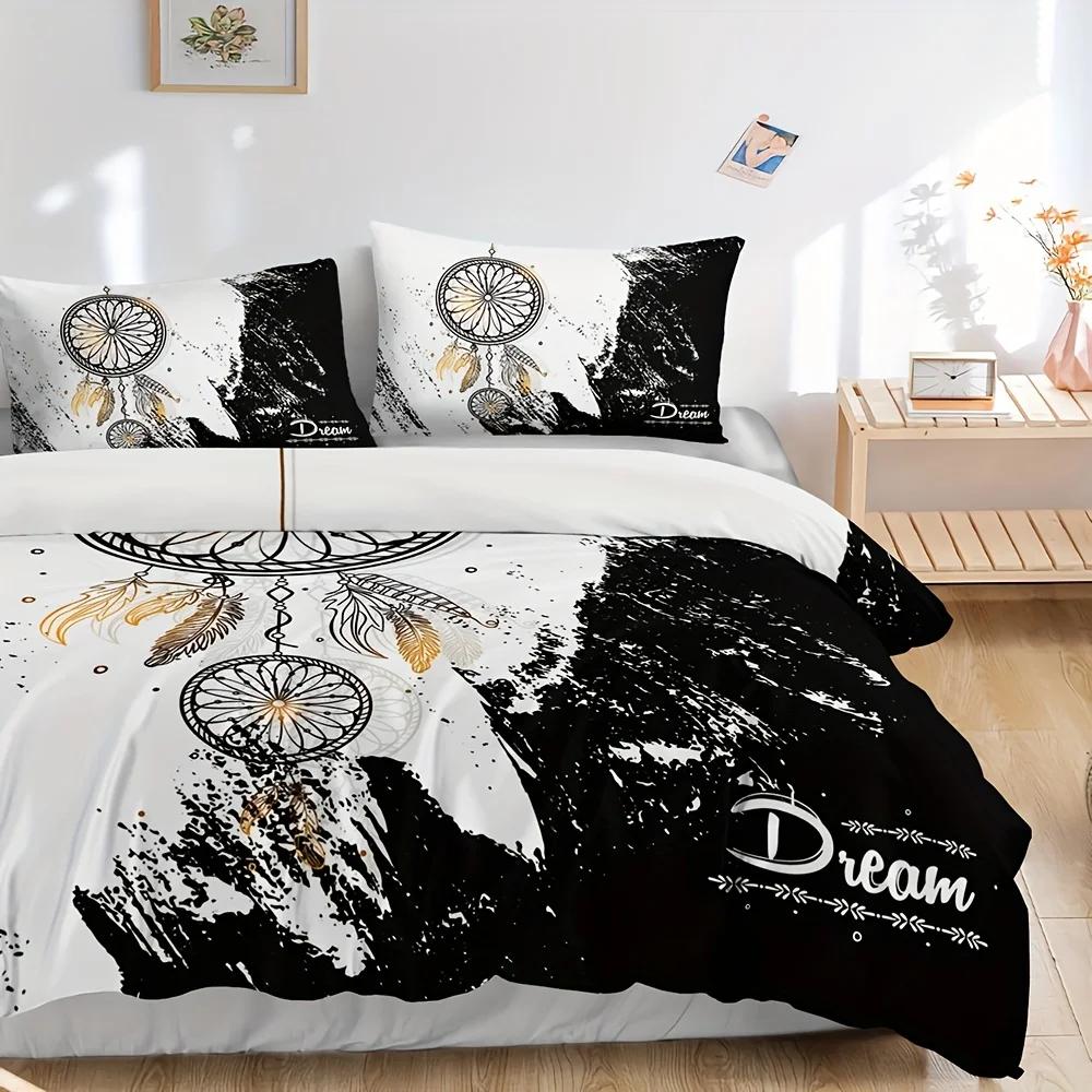 Dreamcatcher Quilt Cover Collection Black And White Sleep Bedding Collection Plush Quilt Cover For Bedroom Guest Room (1*Quilt Cover+2*Pillowcase)