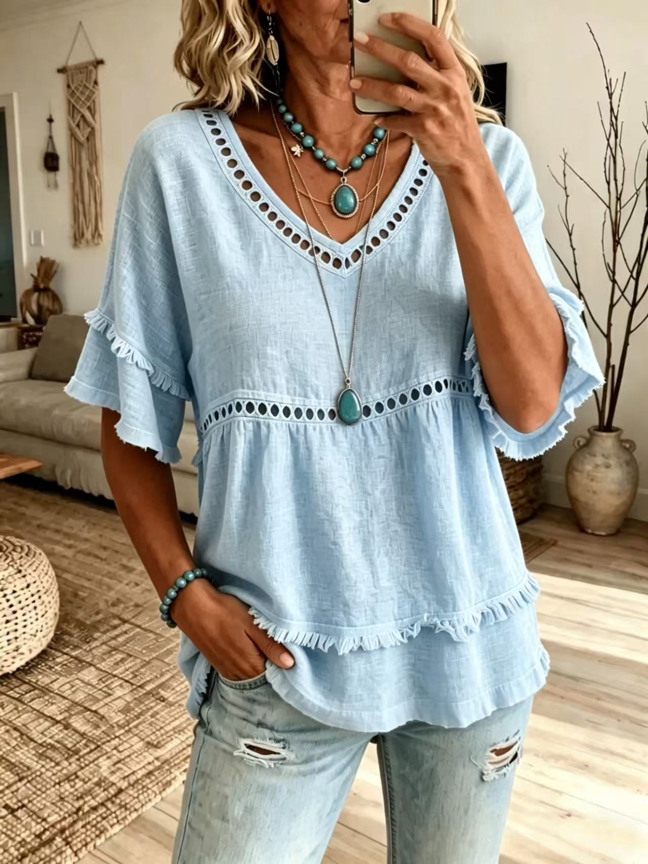 

Women s Casual V Neck Short Sleeve Top with Eyelet Detailing and Layered Hem Lightweight Comfortable Summer Blouse M