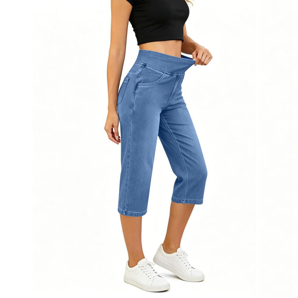 High Waist Denim Capri-Hosen für Damen Gerades Bein Lässig Taschen-Design Dehnbarer Bund Bequeme Passform