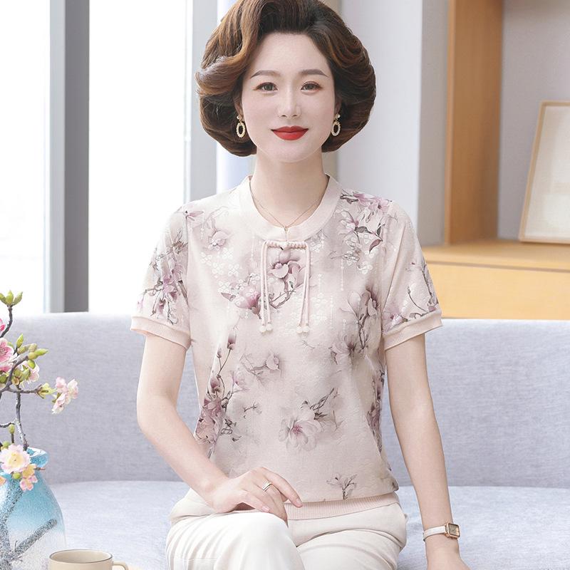 

Chic Summer Ice Silk Short-Sleeve T-Shirt for Stylish Middle-Aged and Elderly Women - New 2026 Chinese-Inspired Fashion Top 2XL (Recommended 110-120 lbs) розовый