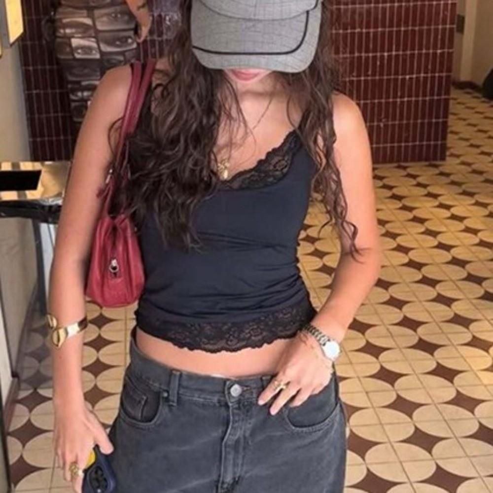 Patchwork Girl's Vest Top Sleeveless Spaghetti Y2k Top Ins Style Lace Sling Tank Party