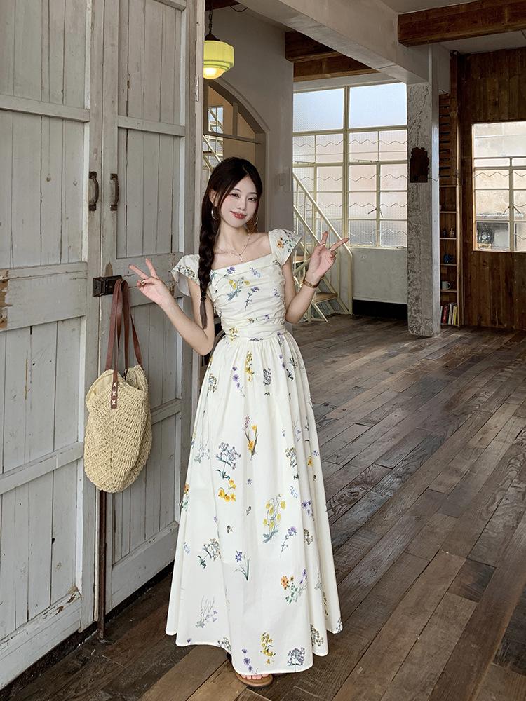 Women's Elegant Floral Puff Sleeve Square Neck Dress - New Summer 2026 French Vacation Style