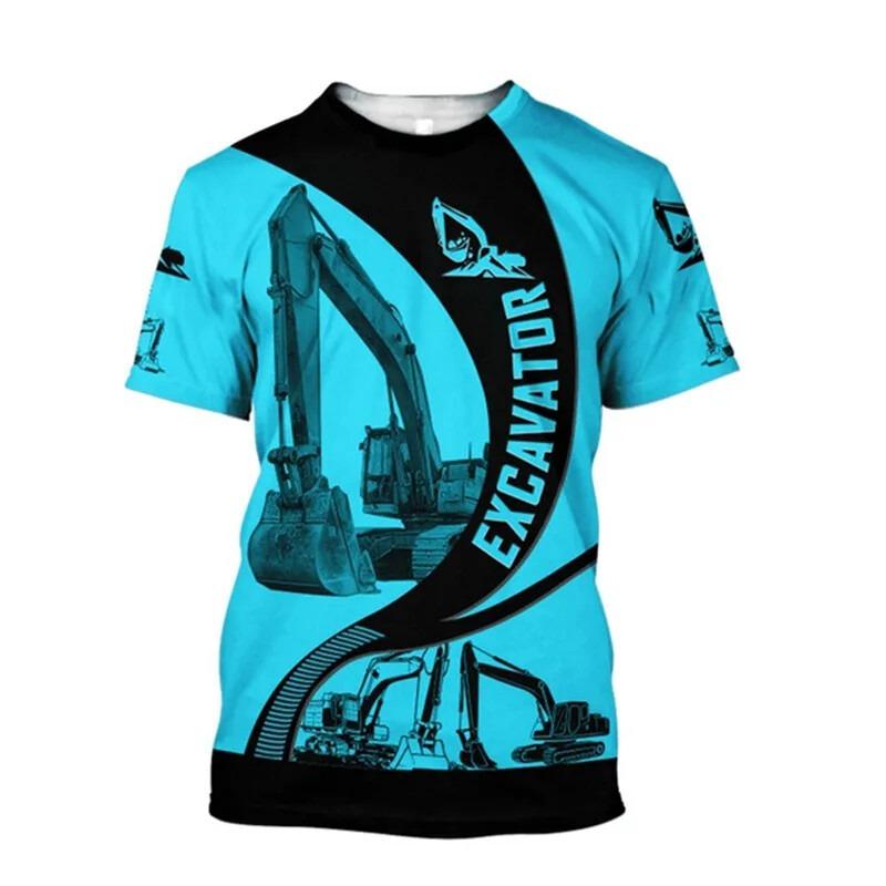 Excavator 3D Print T-shirt For Men Machinery Operator Stripe Short Sleeve Breathable Loose T Shirts Outdoor Summer Work Clothes